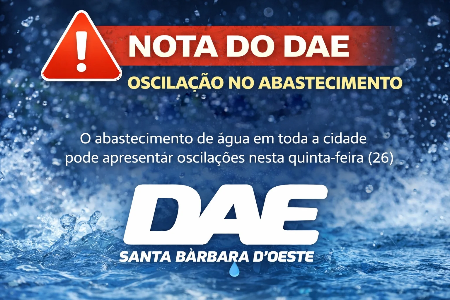 Nota do DAE informa possível oscilação no abastecimento de água nesta quinta-feira (26) 5 DAE