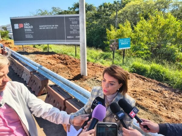 18 06 26 A deputada Professora Bebel fala com a imprensa tendo as placas de divulgacao ao fundo